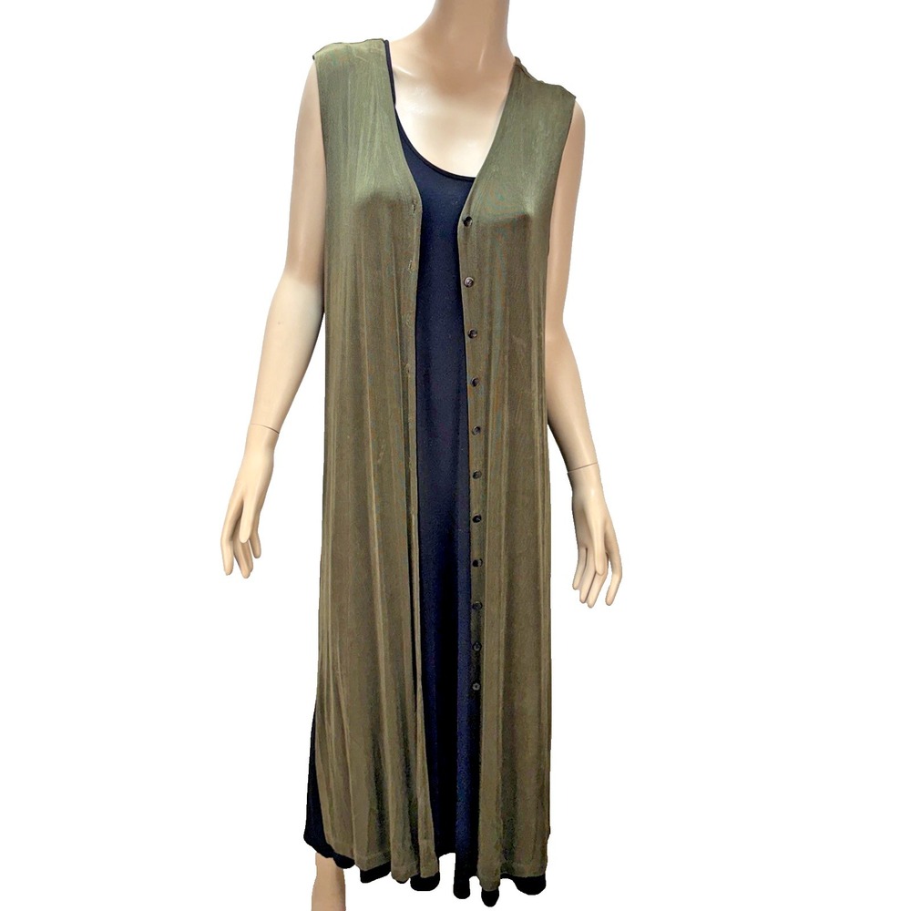 Chico's Travelers Button Front Midi Dress Vest Size 2‎ M Olive Green Sleeveless